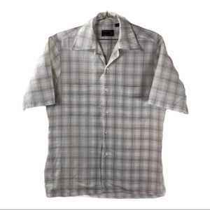 JCPenney 📌 size small VINTAGE cream brown blue & tan plaid short sleeve shirt